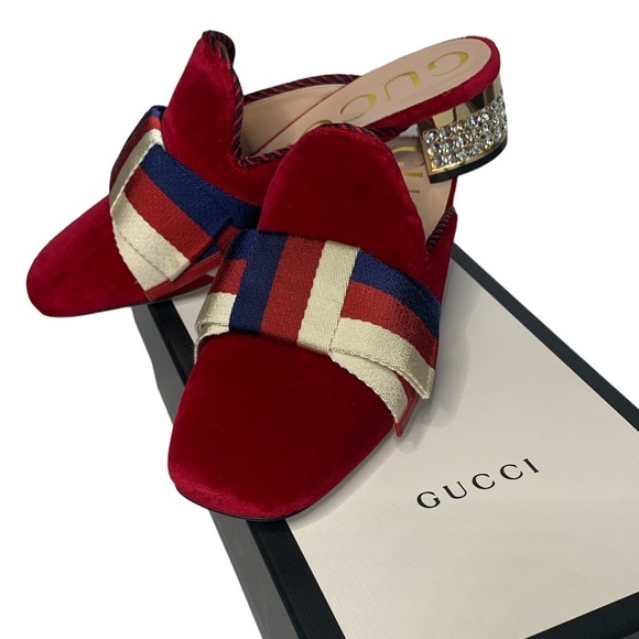 Gucci Red Velvet Sylvie Bow Mules w/ Crystal Embellished Heels - Picture 3 of 8